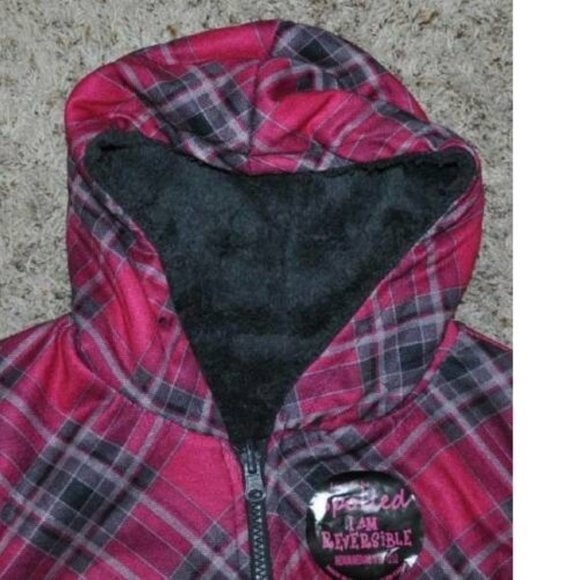 *Reversible Jacket Mamba sz 10/12 Pink Plaid Fleece Hooded Zip Front PLUS Girls - Picture 3 of 7